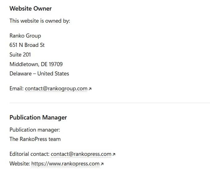 Website owner and contact information overview.